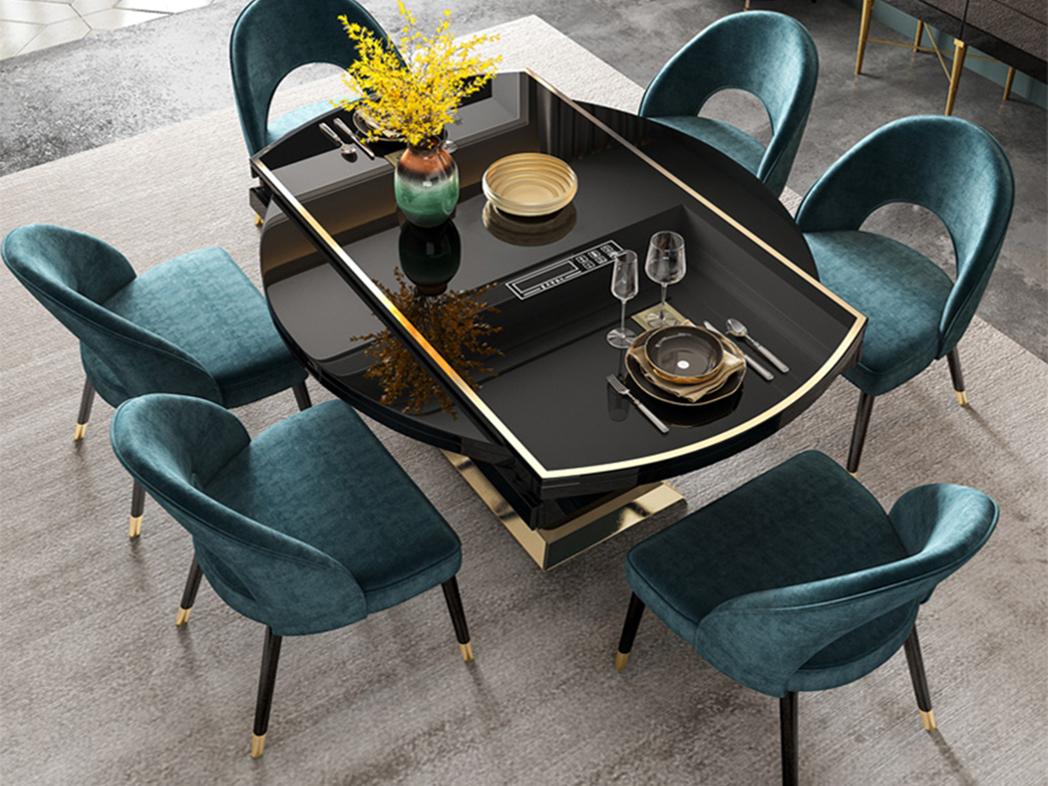 轻奢伸缩餐桌椅组合 家用小户型收纳圆形餐桌 多功能带电磁炉桌子