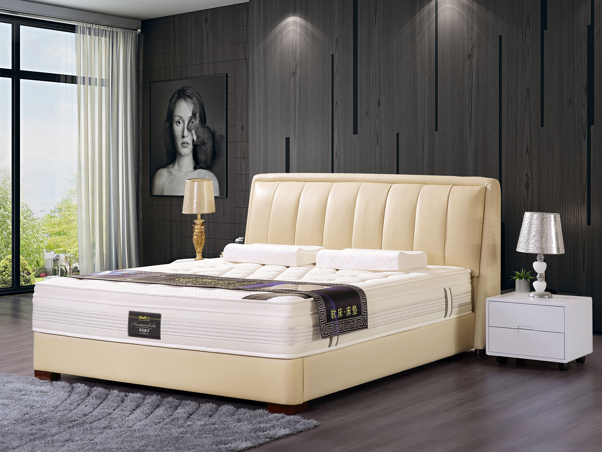 【床】【誉添乐家】 头层黄牛皮 现代极简软包双人床1.